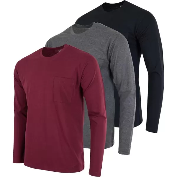 imageReal Essentials 3 Pack Mens Cotton Performance Long Sleeve Crew Neck Pocket TShirt Athletic Top Available in Big ampamp TallSet 5