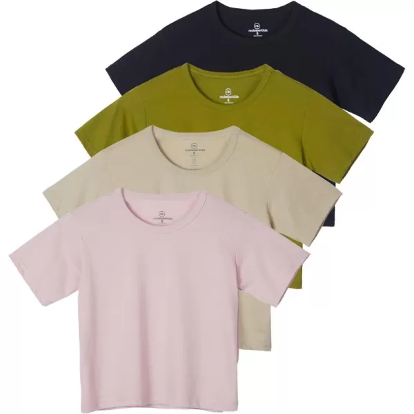 imageReal Essentials 4 Pack Womens Cotton Short Sleeve Crop Top  Cropped Casual Crew Neck TShirts Available in Plus SizeSet 4