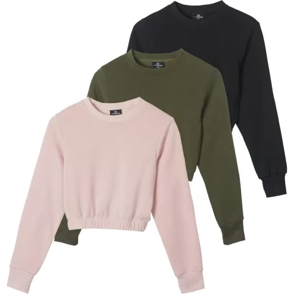 imageReal Essentials 3 Pack Womens Fleece Cropped Sweatshirt  Long Sleeve Crew Neck Crop Top Available in Plus SizeSet 1