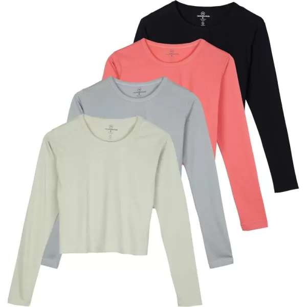 imageReal Essentials 4 Pack Womens Cotton Long Sleeve Crew Crop Top  Casual Cropped TShirt Available in Plus SizeSet 3