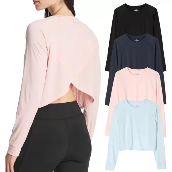 imageReal Essentials 4 Pack Womens DryFit Long Sleeve Petal Back Crop Top  Athletic Cropped Tee Available in Plus SizeSet 7