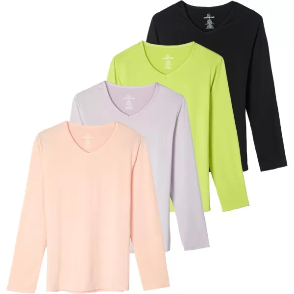 imageReal Essentials 4Pack Womens DryFit LongSleeve VNeck Athletic Workout Shirt Available in Plus SizeSet 3