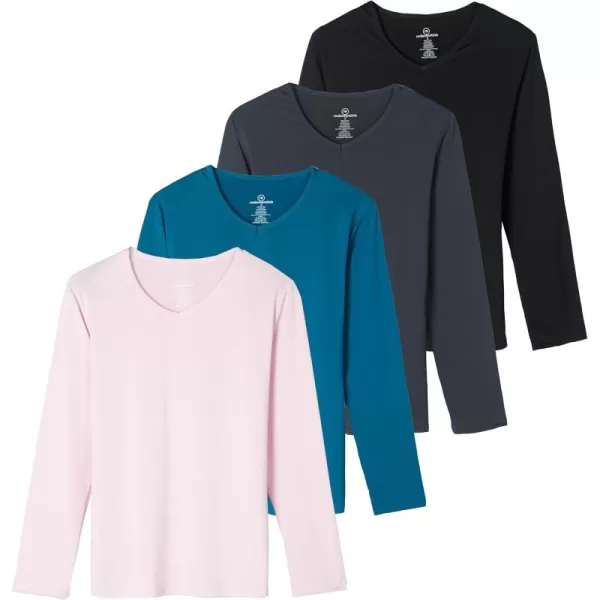 imageReal Essentials 4Pack Womens DryFit LongSleeve VNeck Athletic Workout Shirt Available in Plus SizeSet 6