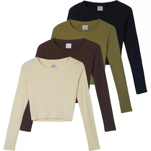 imageReal Essentials 4Pack Womens Long Sleeve Ribbed Knit Cotton Crew Neck Crop Top Shirt  Available in PlusSet 1