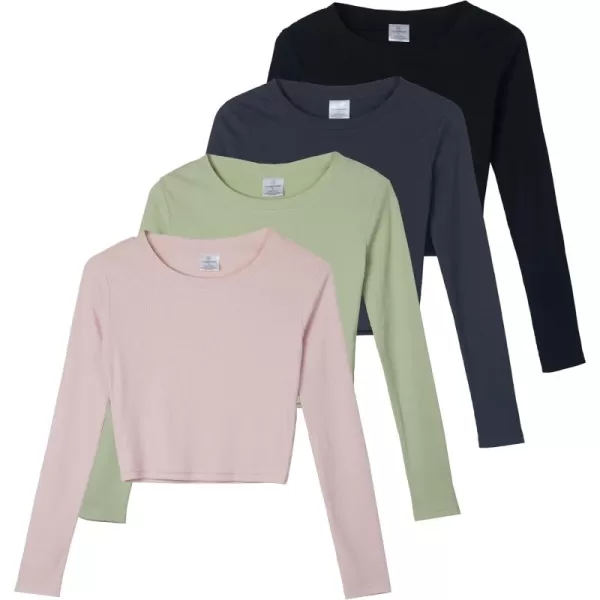 imageReal Essentials 4Pack Womens Long Sleeve Ribbed Knit Cotton Crew Neck Crop Top Shirt  Available in PlusSet 2