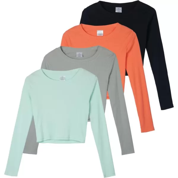 imageReal Essentials 4Pack Womens Long Sleeve Ribbed Knit Cotton Crew Neck Crop Top Shirt  Available in PlusSet 4