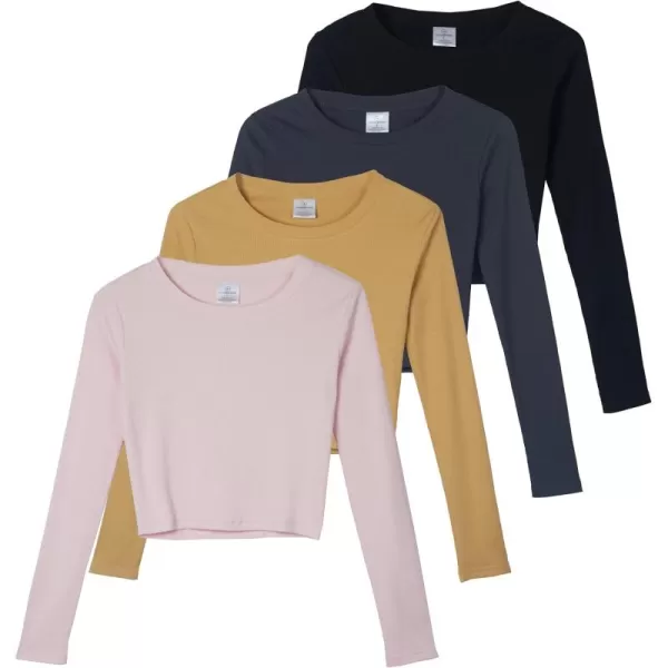 imageReal Essentials 4Pack Womens Long Sleeve Ribbed Knit Cotton Crew Neck Crop Top Shirt  Available in PlusSet 7