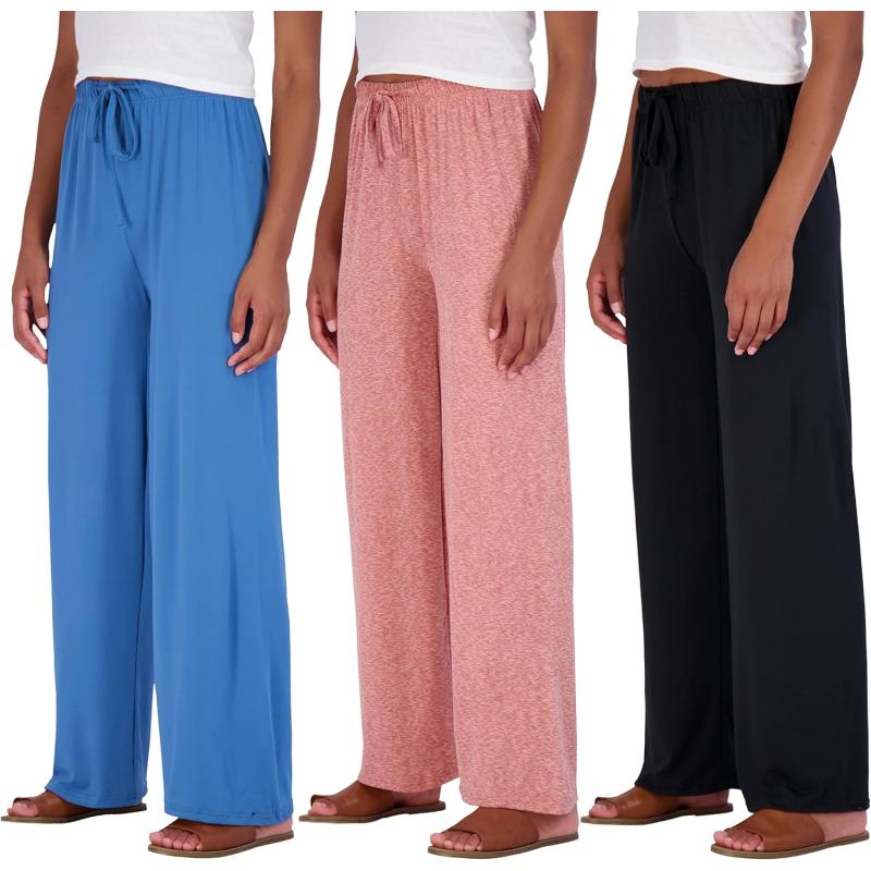 imageReal Essentials 3 Pack Soft Pallazo Pajama Pants for Women Wide Leg Comfy Casual Lounge Yoga Capri Pants Plus SizeSet 1