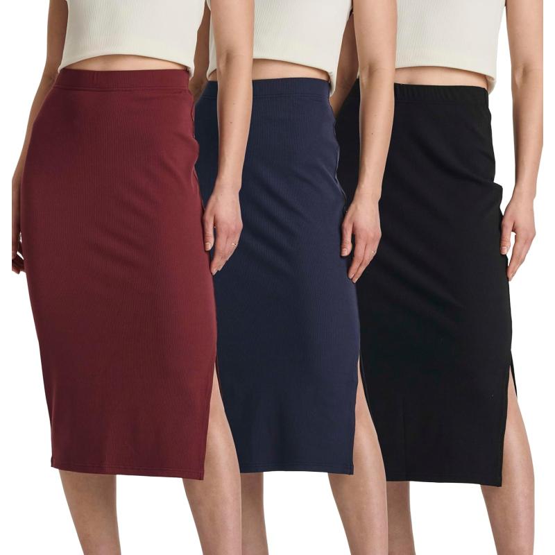 imageReal Essentials 3 Pack Womens Midi Ribbed Knit Skirt with Side Slit  Stretchy Work Business Casual Pencil PullOn SkirtsSet 3