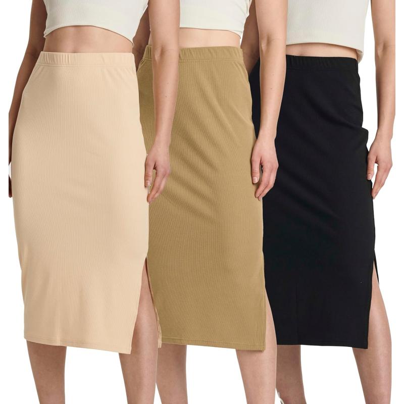 imageReal Essentials 3 Pack Womens Midi Ribbed Knit Skirt with Side Slit  Stretchy Work Business Casual Pencil PullOn SkirtsSet 6