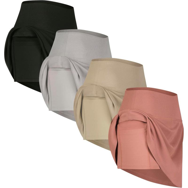 imageReal Essentials 4 Pack Womens Ribbed Active Skort Pockets Skirt Running Tennis Golf Workout Sports Available in PlusSet 1