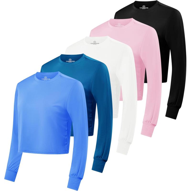 imageReal Essentials 5 Pack Womens Dry Fit Crop Top  Long Sleeve Crew Neck Stretch Athletic Tee Available in Plus SizeSet 12