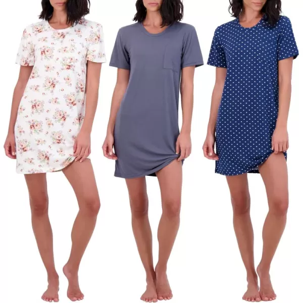 imageReal Essentials 3 Pack Womens Printed Nightshirt Short Sleeve UltraSoft Nightgown Sleep Dress Available In Plus SizeSet a