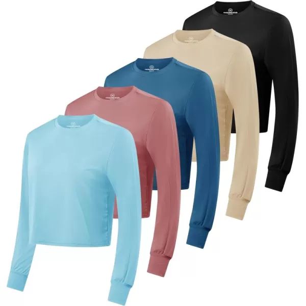 imageReal Essentials 5 Pack Womens Dry Fit Crop Top  Long Sleeve Crew Neck Stretch Athletic Tee Available in Plus SizeSet 10