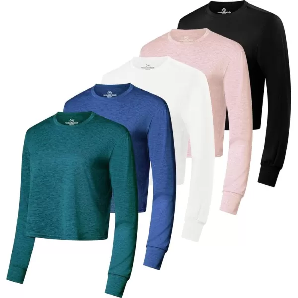 imageReal Essentials 5 Pack Womens Dry Fit Crop Top  Long Sleeve Crew Neck Stretch Athletic Tee Available in Plus SizeSet 5