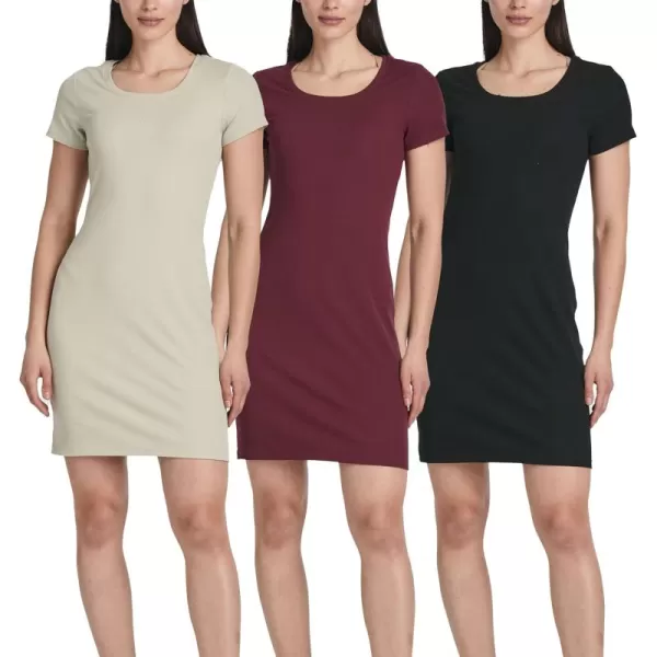 imageReal Essentials 3 Pack Womens Mini Short Sleeve Ribbed Scoop Neck Casual TShirt Bodycon DressSet 6