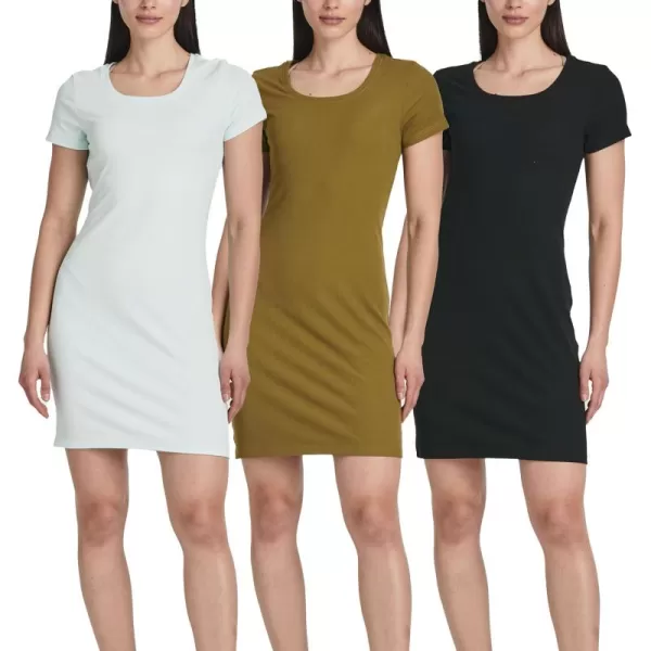 imageReal Essentials 3 Pack Womens Mini Short Sleeve Ribbed Scoop Neck Casual TShirt Bodycon DressSet 8