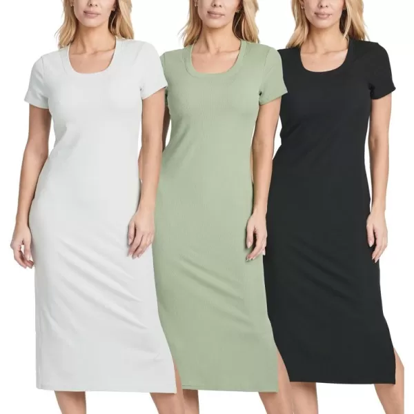 imageReal Essentials 3 Pack Womens Ribbed Jersey Crew Neck Short Sleeve Midi Length Dress with Side SlitSet 8