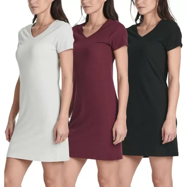 imageReal Essentials 3 Pack Womens Ribbed Knit ShortSleeve VNeck Swing TShirt Casual Dress Available in PlusSet 6