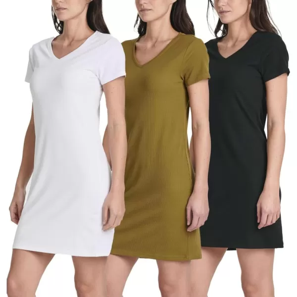 imageReal Essentials 3 Pack Womens Ribbed Knit ShortSleeve VNeck Swing TShirt Casual Dress Available in PlusSet 8