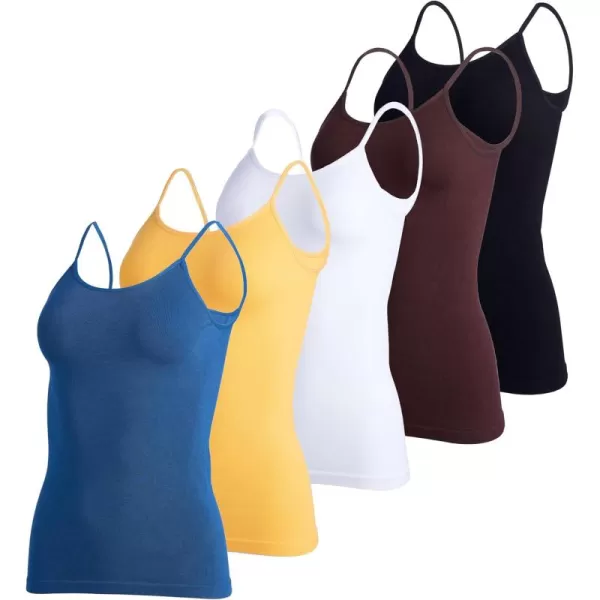 imageReal Essentials 5 Pack Womens Ribbed Spaghetti Strap Camisole Seamless Tank TopSet 1