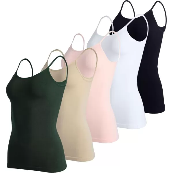 imageReal Essentials 5 Pack Womens Ribbed Spaghetti Strap Camisole Seamless Tank TopSet 3