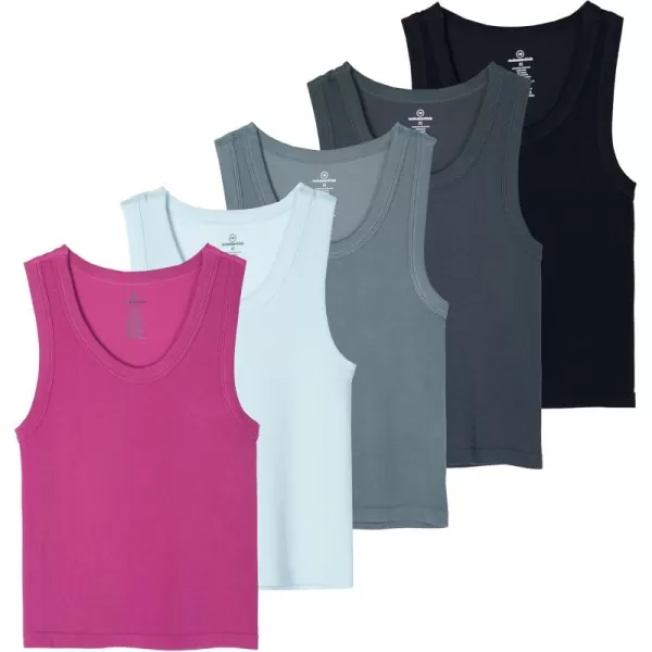 imageReal Essentials 5 Pack Womens Seamless Ribbed Sleeveless Cropped Scoop Neck Tank Top  Casual Crop TopSet 1