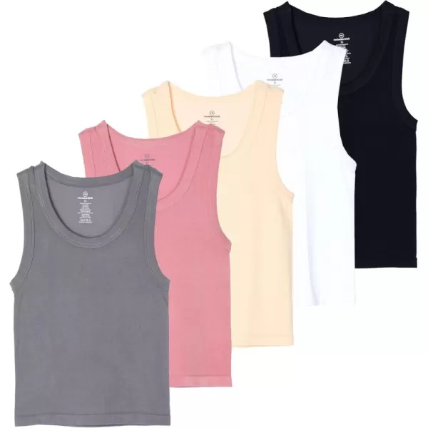 imageReal Essentials 5 Pack Womens Seamless Ribbed Sleeveless Cropped Scoop Neck Tank Top  Casual Crop TopSet 4