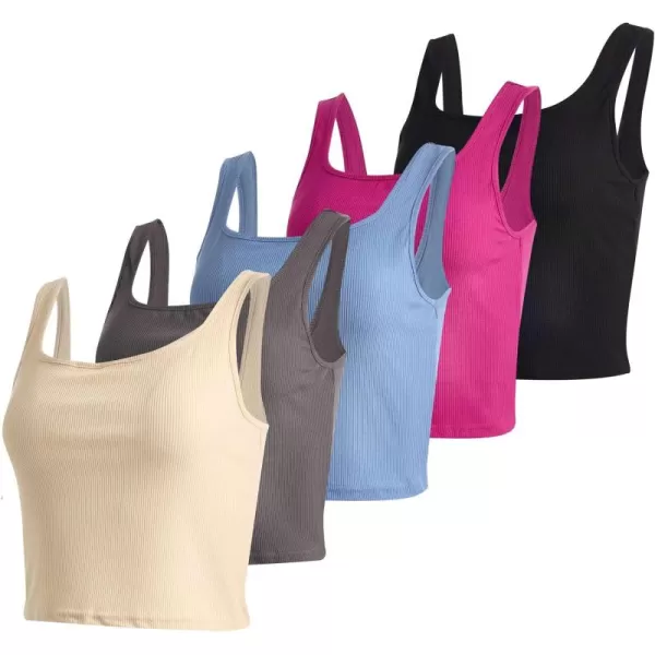 imageReal Essentials 5 Pack Womens Soft Knit Ribbed Square Neck Cropped Tank Top  Sleeveless Crop TopsSet 2