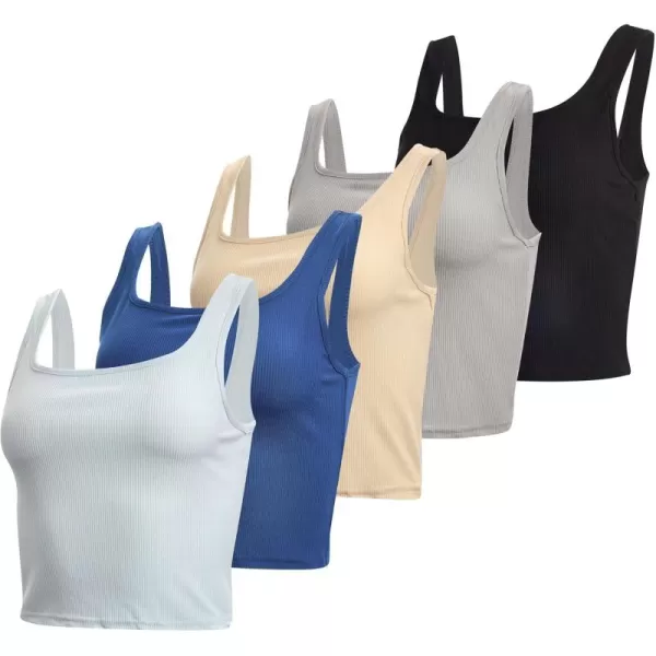 imageReal Essentials 5 Pack Womens Soft Knit Ribbed Square Neck Cropped Tank Top  Sleeveless Crop TopsSet 5