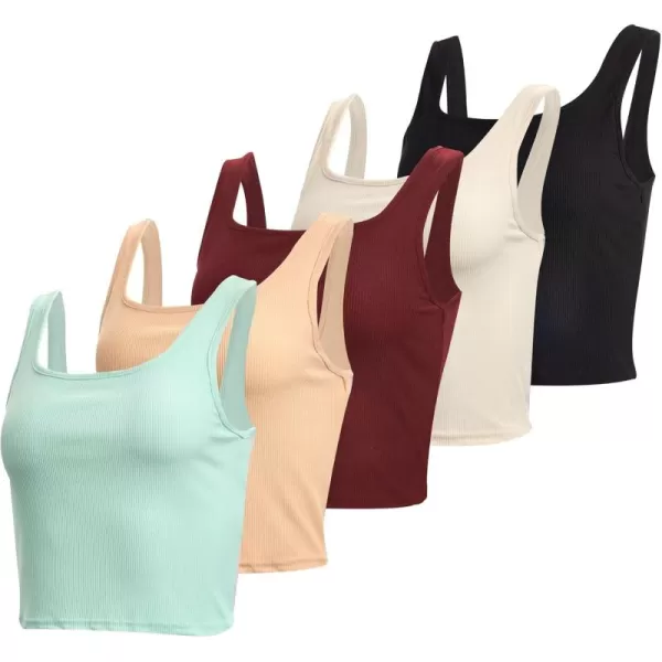 imageReal Essentials 5 Pack Womens Soft Knit Ribbed Square Neck Cropped Tank Top  Sleeveless Crop TopsSet 6