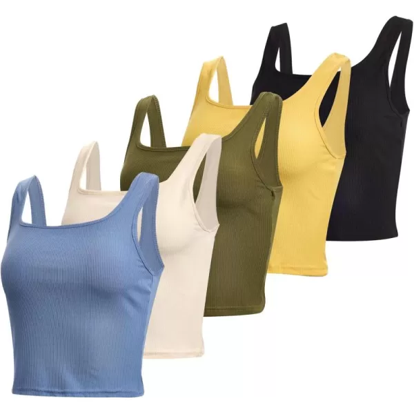 imageReal Essentials 5 Pack Womens Soft Knit Ribbed Square Neck Cropped Tank Top  Sleeveless Crop TopsSet 7