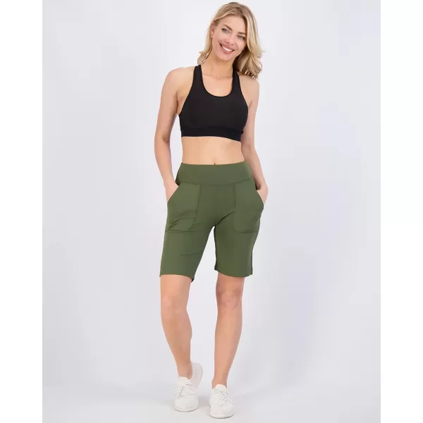 imageReal Essentials 4 Pack Womens 9quot Bermuda Long High Waisted Shorts with Pockets Casual Workout Athletic Available in PlusSet 4