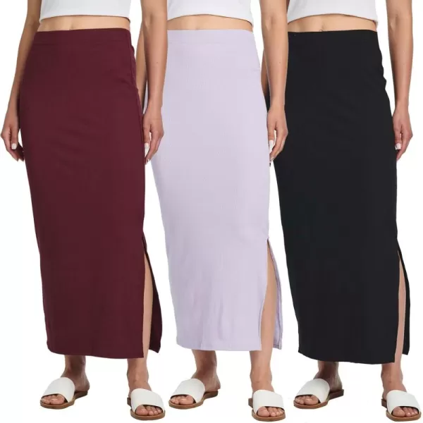 imageReal Essentials 3 Pack Womens Ribbed High Waisted Maxi Skirt with Side Slit  Casual Long Pencil SkirtSet 1