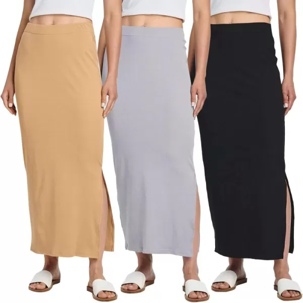 imageReal Essentials 3 Pack Womens Ribbed High Waisted Maxi Skirt with Side Slit  Casual Long Pencil SkirtSet 2