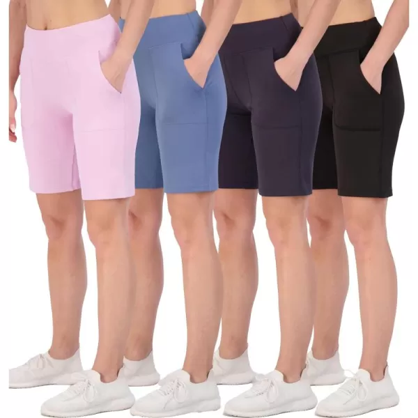 imageReal Essentials 4 Pack Womens 9quot Bermuda Long High Waisted Shorts with Pockets Casual Workout Athletic Available in PlusSet 2