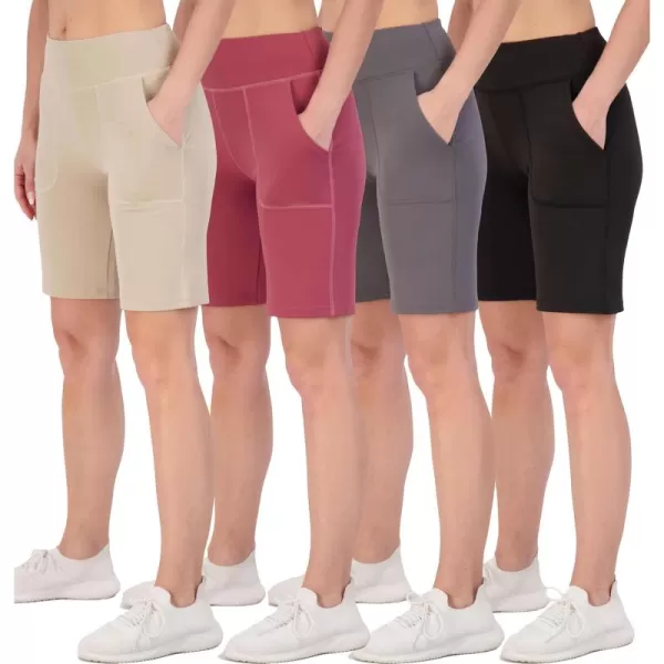 imageReal Essentials 4 Pack Womens 9quot Bermuda Long High Waisted Shorts with Pockets Casual Workout Athletic Available in PlusSet 6