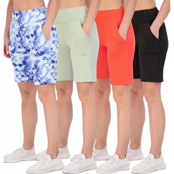 imageReal Essentials 4 Pack Womens 9quot Bermuda Long High Waisted Shorts with Pockets Casual Workout Athletic Available in PlusSet 9