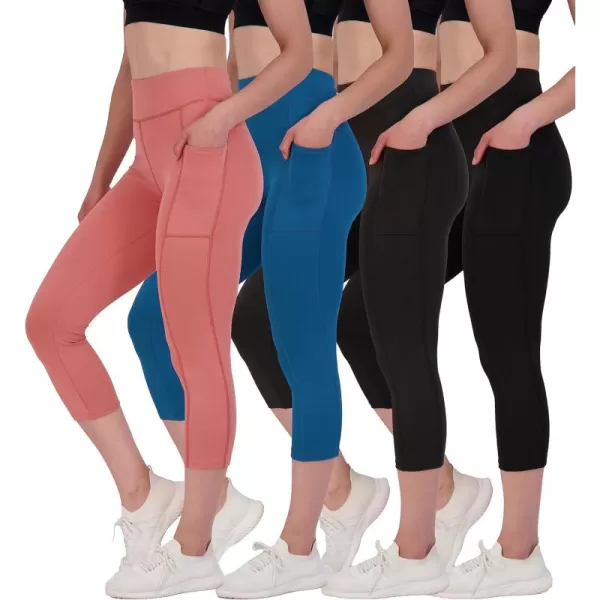 imageReal Essentials 4 Pack Womens Capri Leggings with Pockets Casual Yoga Workout Exercise Pants Available in Plus SizeSet 2