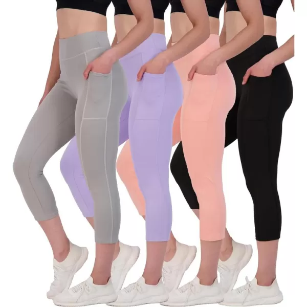 imageReal Essentials 4 Pack Womens Capri Leggings with Pockets Casual Yoga Workout Exercise Pants Available in Plus SizeSet 4