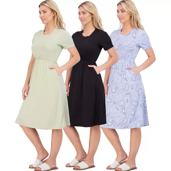 imageReal Essentials 3Pack Womens Midi Short Sleeve Soft TShirt Dress with Elastic Waist Available in Plus SizeSet 3