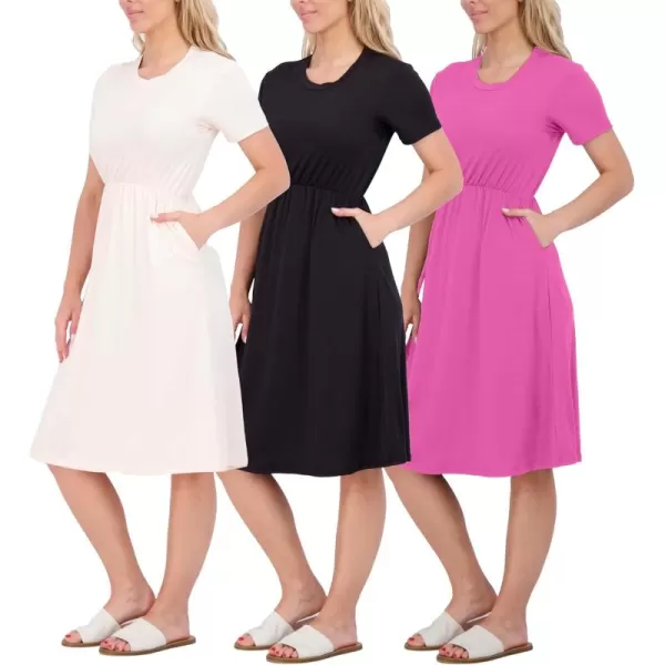 imageReal Essentials 3Pack Womens Midi Short Sleeve Soft TShirt Dress with Elastic Waist Available in Plus SizeSet 1