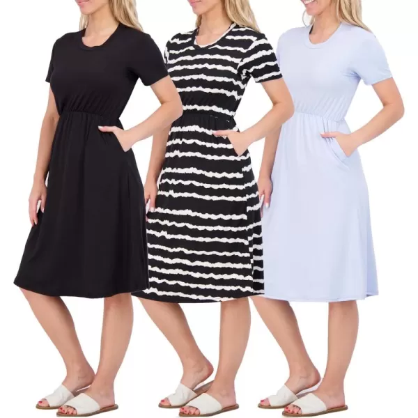 imageReal Essentials 3Pack Womens Midi Short Sleeve Soft TShirt Dress with Elastic Waist Available in Plus SizeSet 2