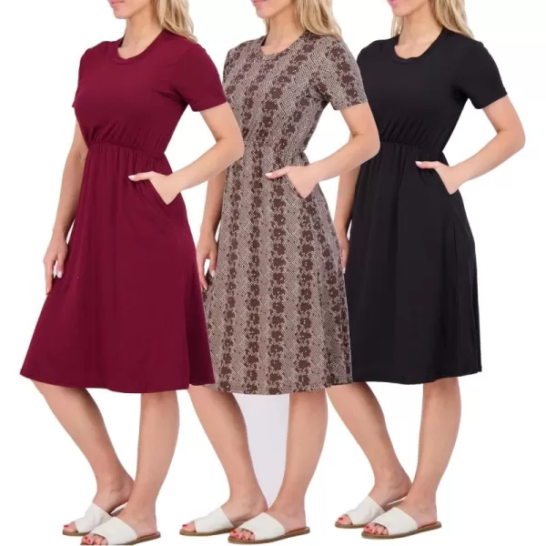 imageReal Essentials 3Pack Womens Midi Short Sleeve Soft TShirt Dress with Elastic Waist Available in Plus SizeSet 4