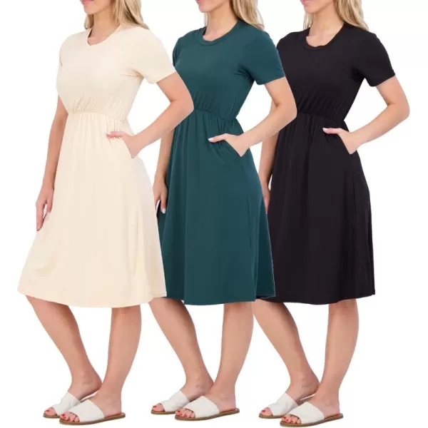 imageReal Essentials 3Pack Womens Midi Short Sleeve Soft TShirt Dress with Elastic Waist Available in Plus SizeSet 5