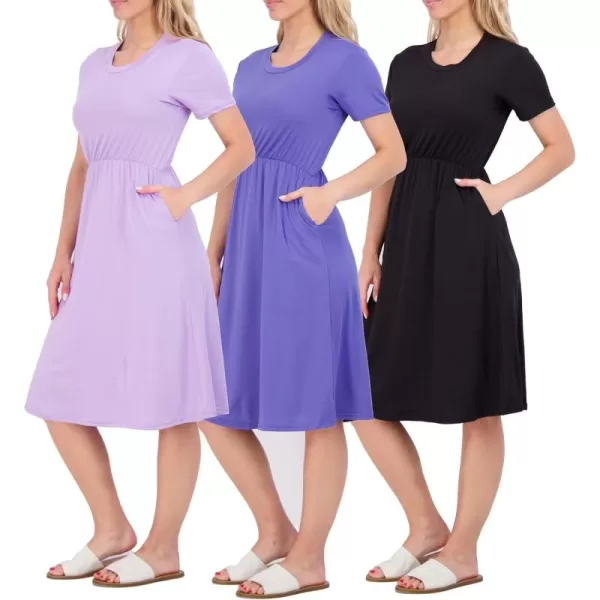 imageReal Essentials 3Pack Womens Midi Short Sleeve Soft TShirt Dress with Elastic Waist Available in Plus SizeSet 6