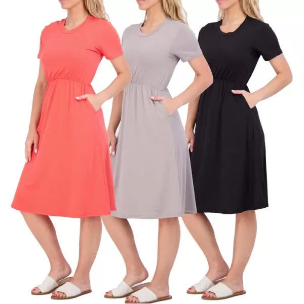 imageReal Essentials 3Pack Womens Midi Short Sleeve Soft TShirt Dress with Elastic Waist Available in Plus SizeSet 7