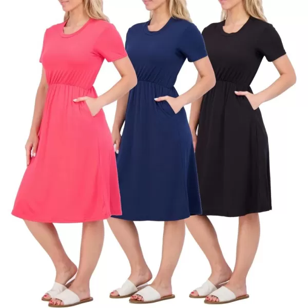 imageReal Essentials 3Pack Womens Midi Short Sleeve Soft TShirt Dress with Elastic Waist Available in Plus SizeSet 8