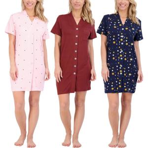 imageReal Essentials 3 Pack Womens Short Sleeve Full ButtonDown Henley Nightshirt Nightgown Sleep Dress Available In Plus SizeSet 2