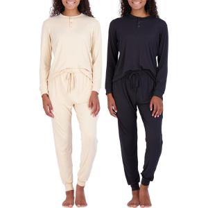 imageReal Essentials 2 Pack Womens Soft Long Sleeve Sleep Set  Comfortable Lounge Pull Over Hoodie and Henley JoggerHenley Set 3